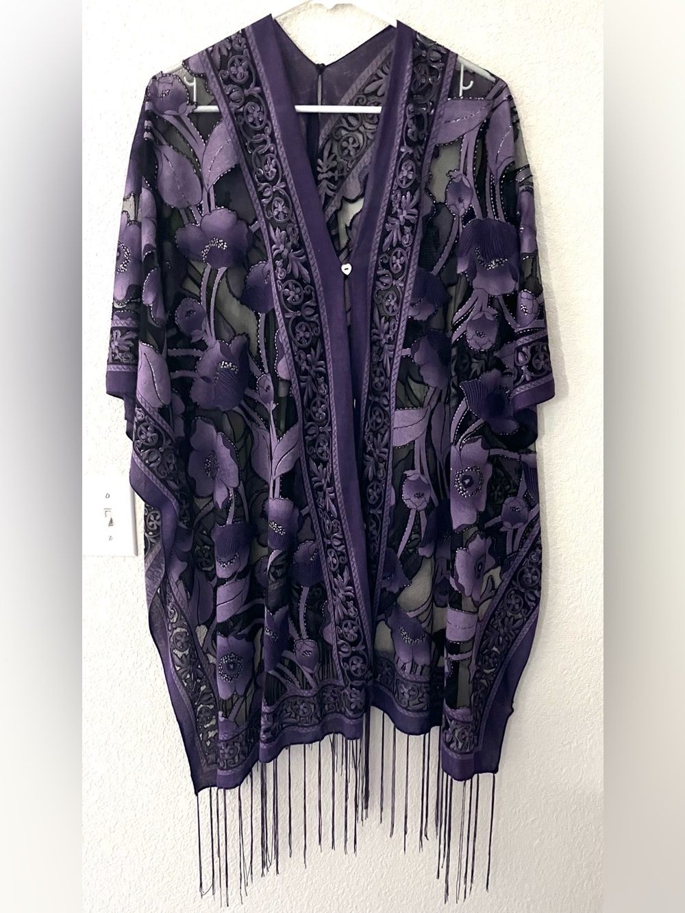 Vintage Purple Floral Embroidered Fringe Kimono